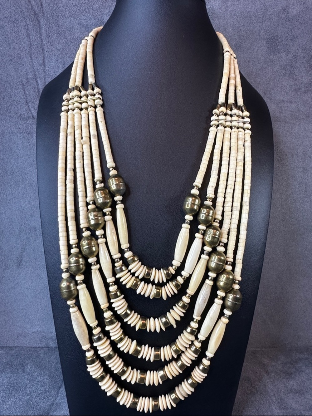 Multi-Strand Bone and Gold Beaded Statement Necklace